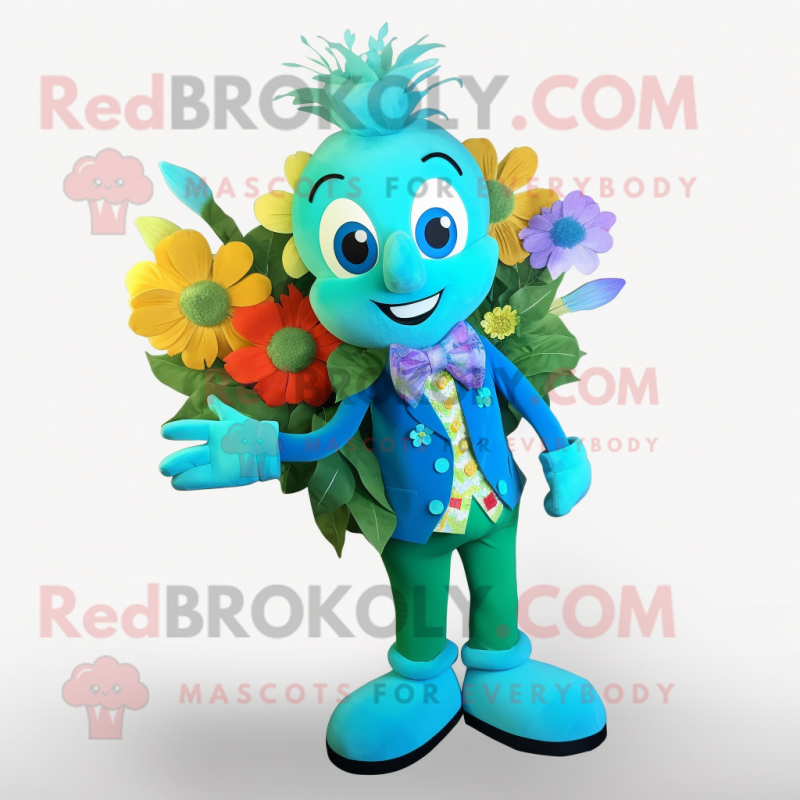 Turquoise Bouquet Of Flowers mascot costume character dressed with a Vest and Shoe clips