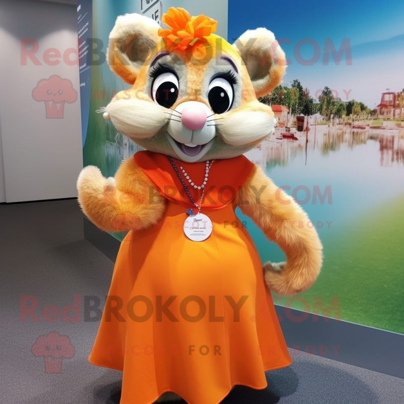 Orange Dormouse mascot costume character dressed with a Maxi Skirt and Necklaces