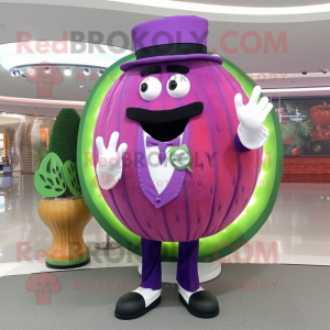 Purple Watermelon mascot costume character dressed with a Dress Shirt and Rings