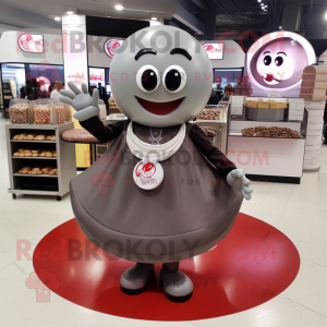 Gray Chocolates mascot costume character dressed with a Circle Skirt and Rings