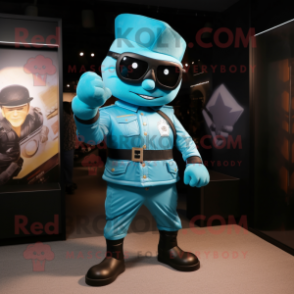 Cyan Soldier mascot costume character dressed with a Leather Jacket and Tie pins