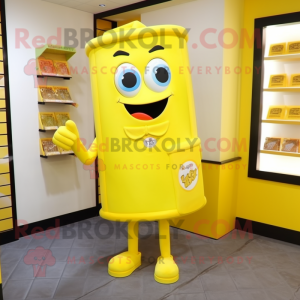 Lemon Yellow Candy Box mascot costume character dressed with a Sheath Dress and Wallets
