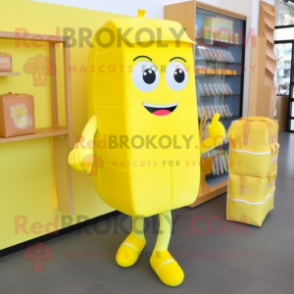 Lemon Yellow Candy Box mascot costume character dressed with a Sheath Dress and Wallets