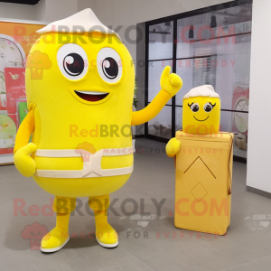 Lemon Yellow Candy Box mascot costume character dressed with a Sheath Dress and Wallets