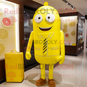 Lemon Yellow Candy Box mascot costume character dressed with a Sheath Dress and Wallets