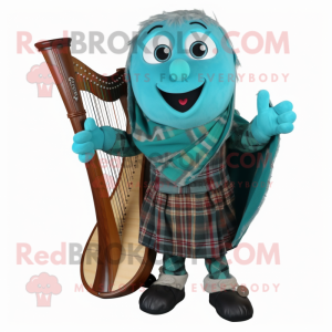 Turquoise Celtic Harp mascot costume character dressed with a Flannel Shirt and Gloves