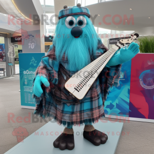Turquoise Celtic Harp mascot costume character dressed with a Flannel Shirt and Gloves