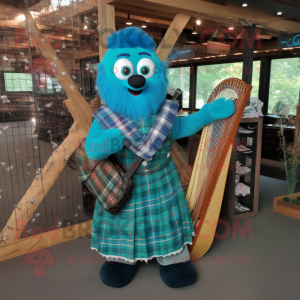 Turquoise Celtic Harp mascot costume character dressed with a Flannel Shirt and Gloves