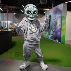 Silver Zombie mascot costume character dressed with a Sweatshirt and Rings