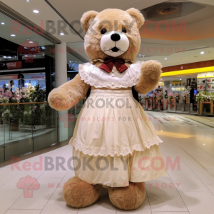 Beige Teddy Bear mascot costume character dressed with a A-Line Skirt and Shawls