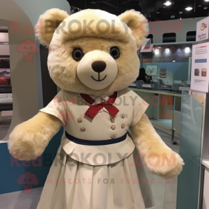 Beige Teddy Bear mascot costume character dressed with a A-Line Skirt and Shawls