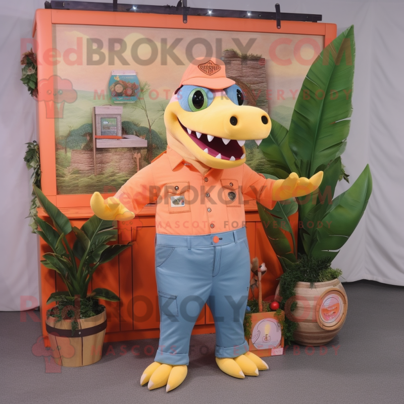 Peach Crocodile mascot costume character dressed with a Denim Shorts and Keychains