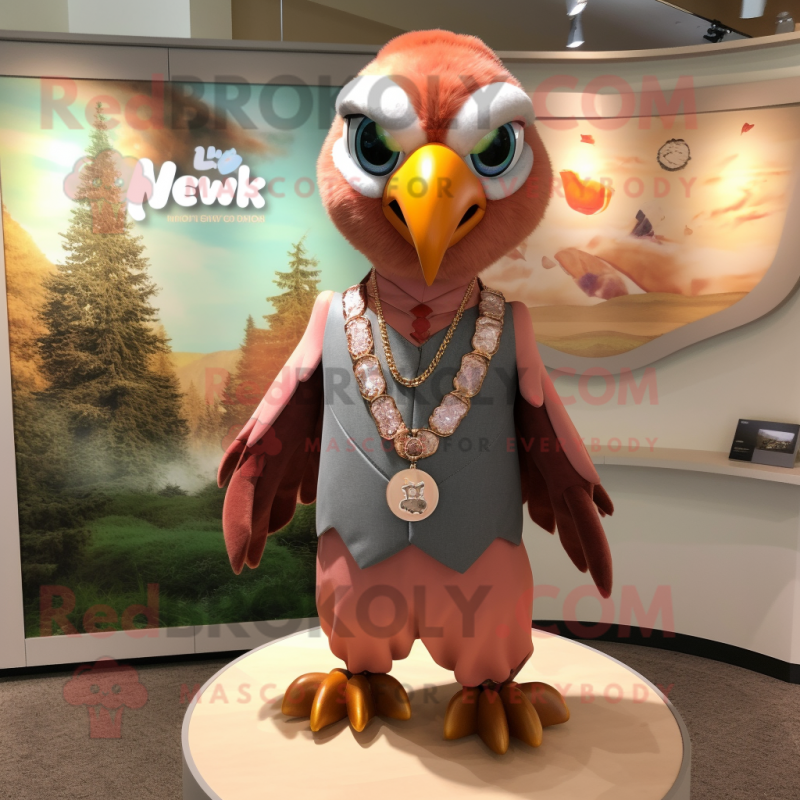 Peach Hawk mascot costume character dressed with a Poplin Shirt and Necklaces