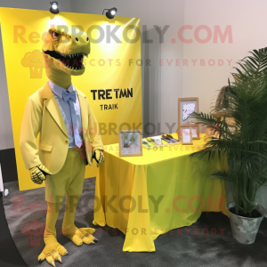 Lemon Yellow T Rex mascot costume character dressed with a Cardigan and Tie pins