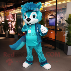 Turquoise Skunk mascot costume character dressed with a Bootcut Jeans and Digital watches