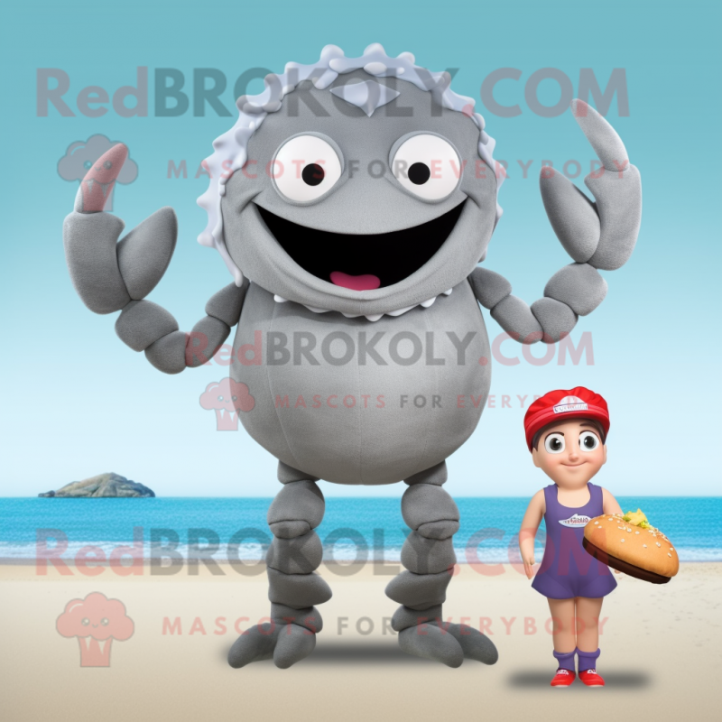 Gray Crab Cakes mascot costume character dressed with a One-Piece Swimsuit and Cummerbunds