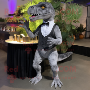 Gray T Rex mascot costume character dressed with a Cocktail Dress and Shoe clips