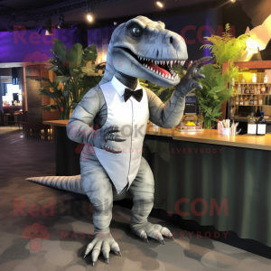 Gray T Rex mascot costume character dressed with a Cocktail Dress and Shoe clips