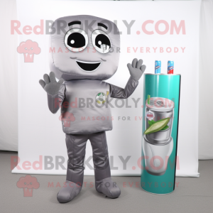 Gray Soda Can mascot costume character dressed with a T-Shirt and Wallets