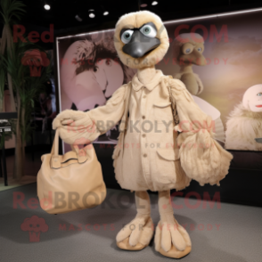 Tan Ostrich mascot costume character dressed with a Jumpsuit and Clutch bags