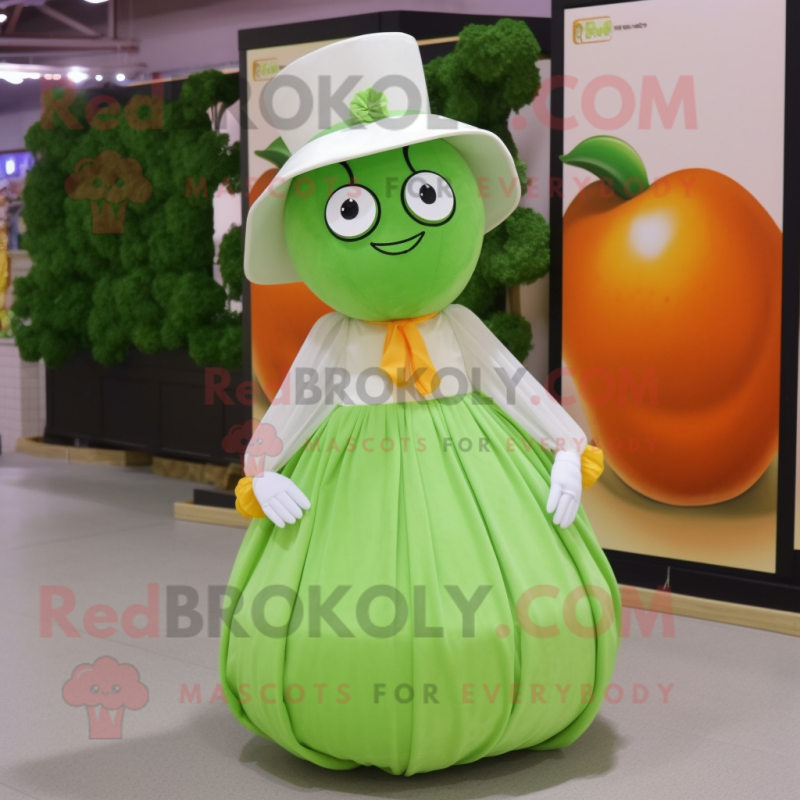 Lime Green Apricot mascot costume character dressed with a Skirt and Hat pins