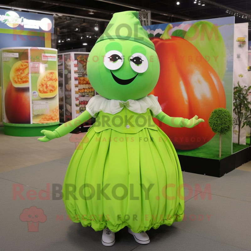 Lime Green Apricot mascot costume character dressed with a Skirt and Hat pins