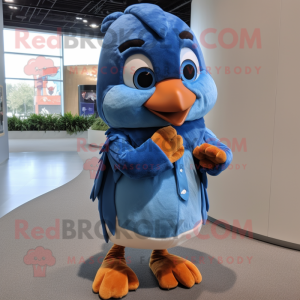 Rust Blue Jay mascot costume character dressed with a Cover-up and Wraps