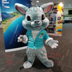 Turquoise Chinchilla mascot costume character dressed with a Suit and Shoe clips