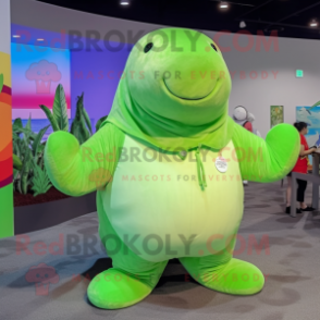 Lime Green Stellar'S Sea Cow mascot costume character dressed with a Button-Up Shirt and Cummerbunds