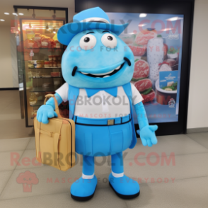 Sky Blue Pulled Pork Sandwich mascot costume character dressed with a Cocktail Dress and Messenger bags