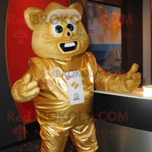 Gold Lasagna mascot costume character dressed with a Rash Guard and Gloves