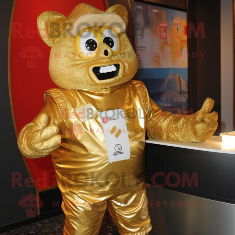 Gold Lasagna mascot costume character dressed with a Rash Guard and Gloves