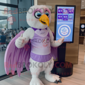 Lavender Eagle mascot costume character dressed with a One-Piece Swimsuit and Digital watches