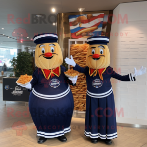 Navy French Fries mascot costume character dressed with a Ball Gown and Berets