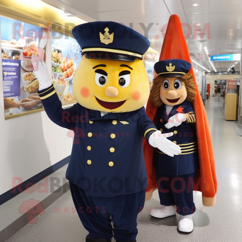 Navy French Fries mascot costume character dressed with a Ball Gown and Berets