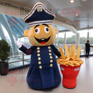 Navy French Fries mascot costume character dressed with a Ball Gown and Berets