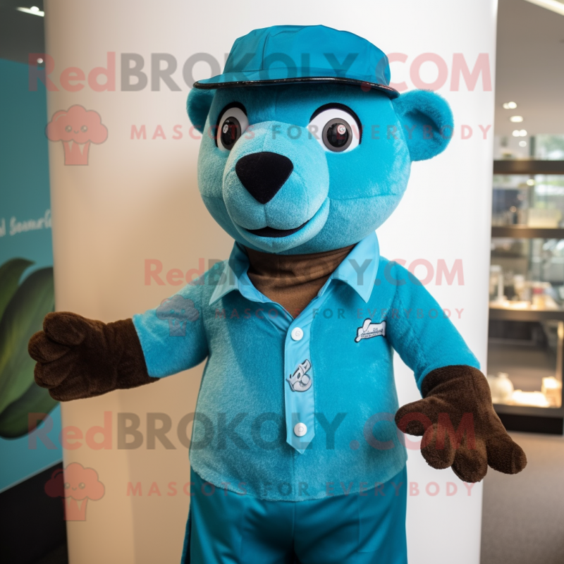 Turquoise Jaguarundi mascot costume character dressed with a Dress Shirt and Berets