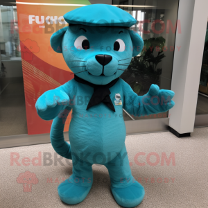 Turquoise Jaguarundi mascot costume character dressed with a Dress Shirt and Berets