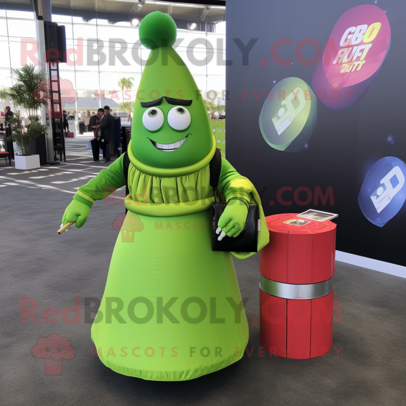 Lime Green Grenade mascot costume character dressed with a Maxi Skirt and Lapel pins
