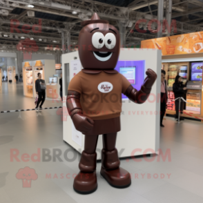 Brown Chocolate Bar mascot costume character dressed with a Polo Tee and Smartwatches