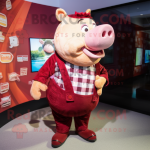 Maroon Pig mascot costume character dressed with a Romper and Lapel pins