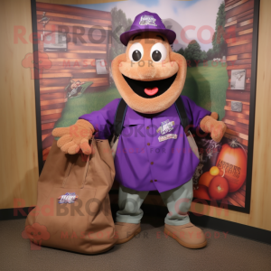 Purple Goulash mascot costume character dressed with a Cargo Shorts and Tote bags