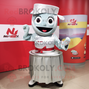 Silver Miso Soup mascot costume character dressed with a A-Line Skirt and Bracelets