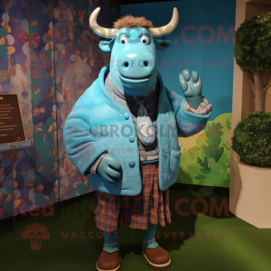Turquoise Beef Wellington mascot costume character dressed with a Cardigan and Brooches