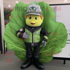 Peach Cabbage Leaf mascot costume character dressed with a Biker Jacket and Caps