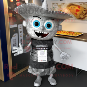 Silver Nachos mascot costume character dressed with a Dungarees and Necklaces