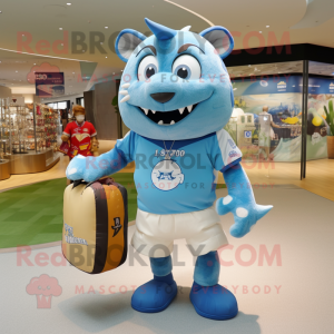 Sky Blue Tuna mascot costume character dressed with a Rugby Shirt and Handbags