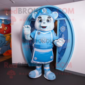Sky Blue Celtic Shield mascot costume character dressed with a Dungarees and Mittens