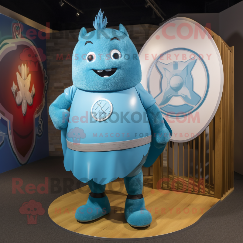 Sky Blue Celtic Shield mascot costume character dressed with a Dungarees and Mittens