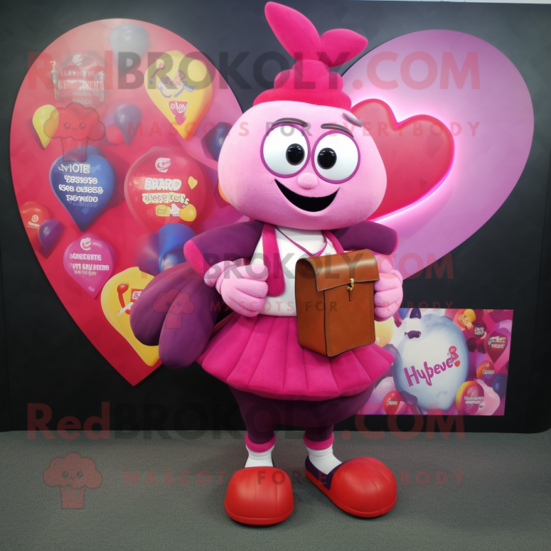 Magenta Heart mascot costume character dressed with a Cardigan and Wallets